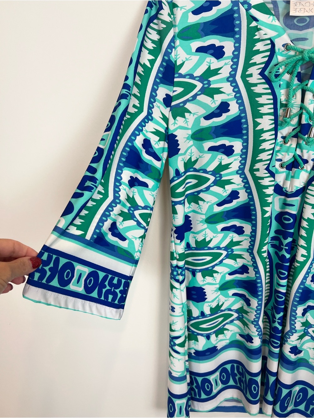 Beach Break Dress Swim Cover Up with Blue & Teal Abstract Print B Neck sz L - Picture 4 of 12